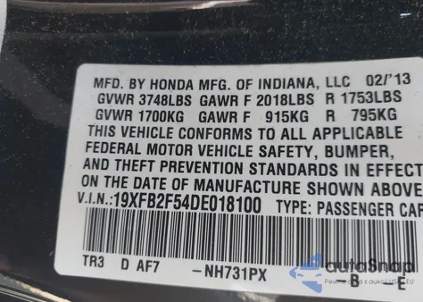 2013 Honda Civic Lx from USA, damaged, VIN 19XFB2F54DE018100